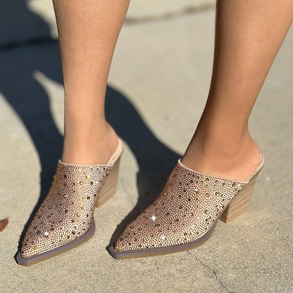 Elegant Tan Mules with Rhinestone Detailing